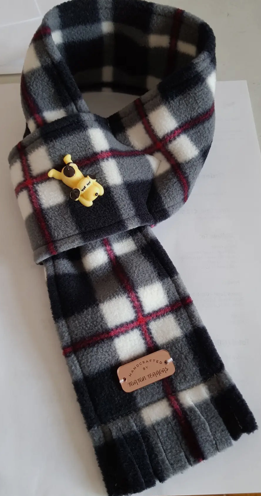Fleece Tartan Dog Scarf - Black, White and Red Tartan