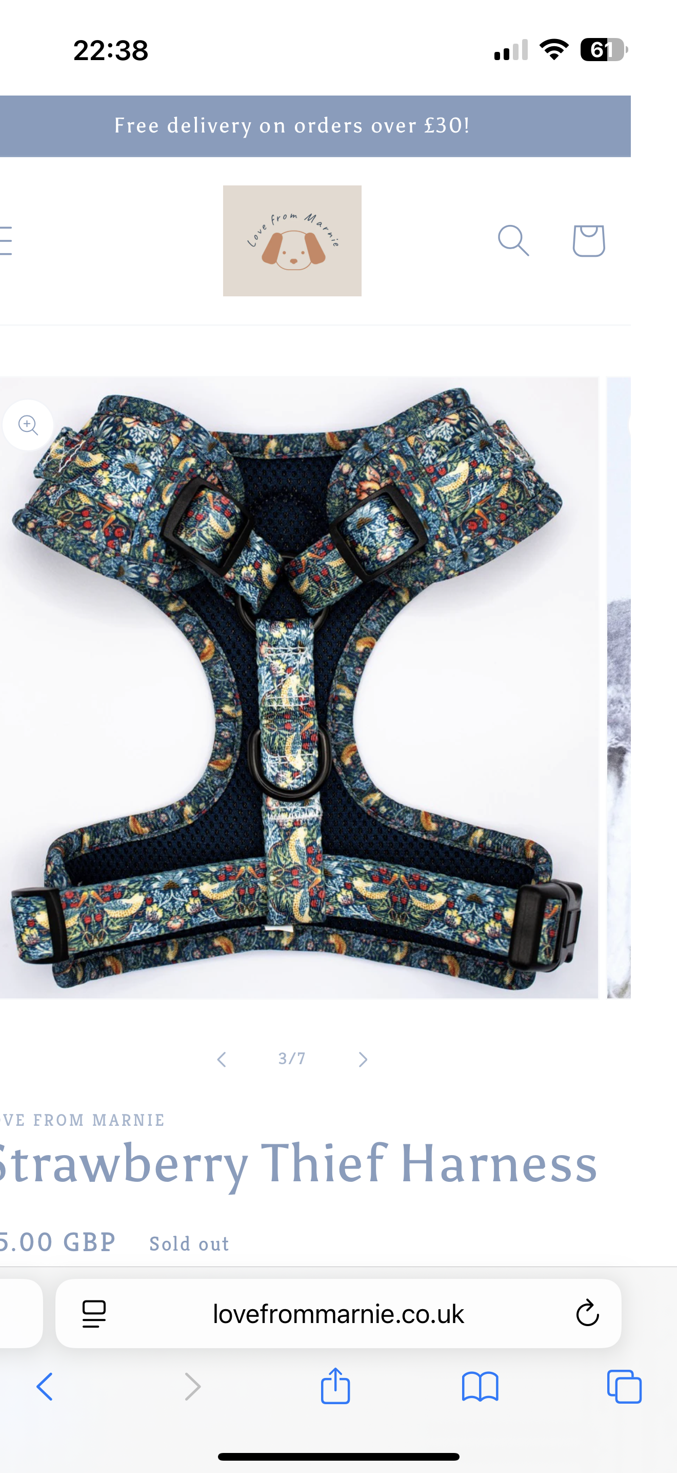 Love From Marnie Adjustable Harness - Strawberry Thief Blue