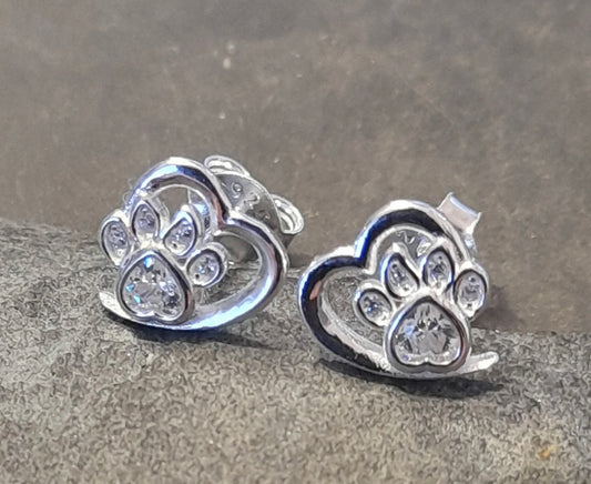 Blue Lily Outline Heart With Clear Cubic Zirconia Paw 8 X 10mm Earings
