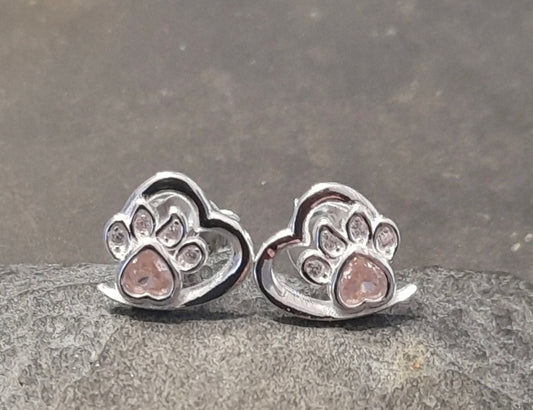 Blue Lily Outline Heart With Pink Cubic Zirconia Paw 8 X 10mm Earings