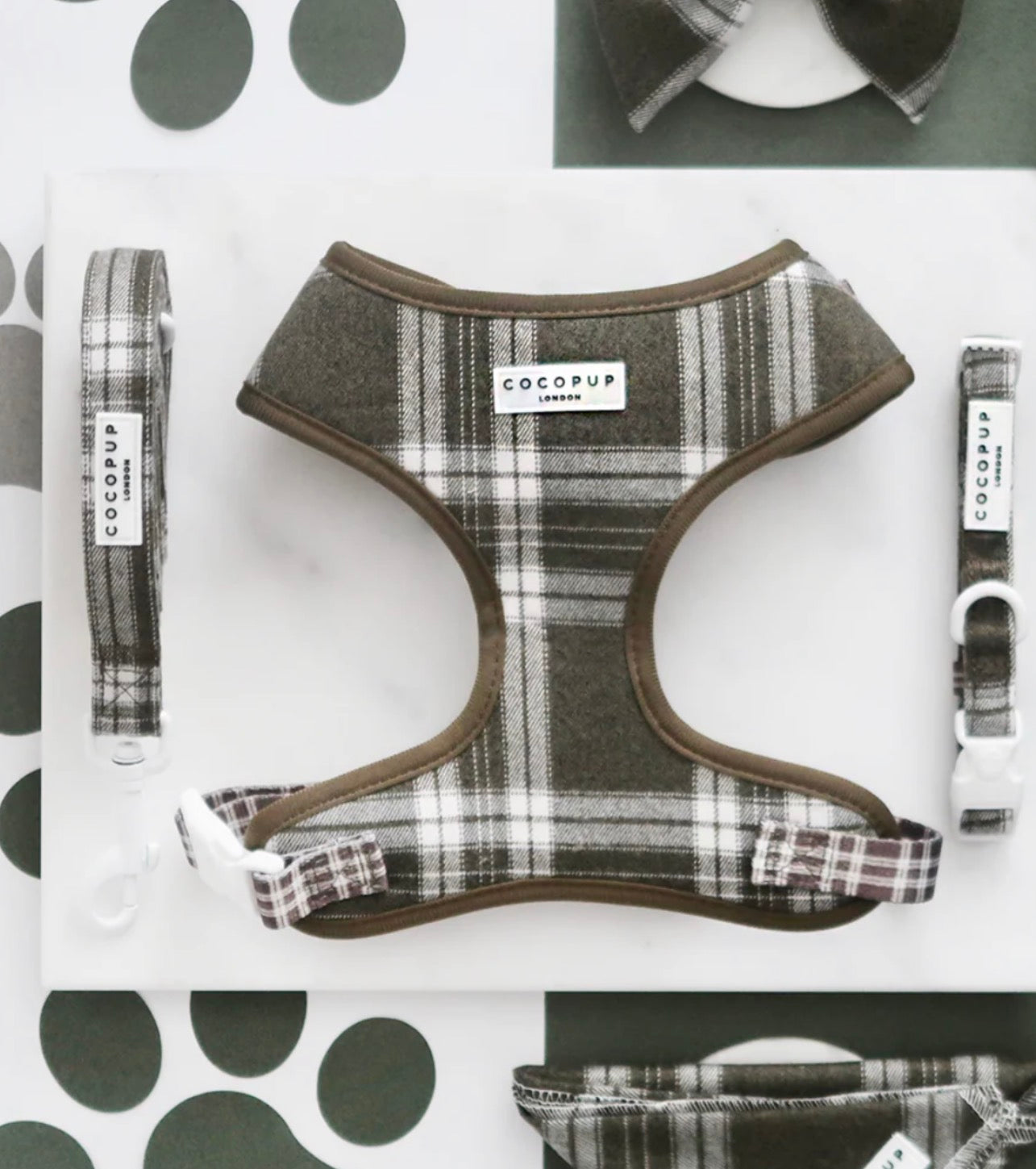 Cocopup London Olive Check Adjustable Neck Harness